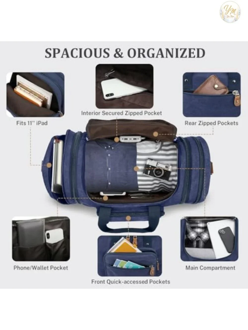 Expandable Canvas Travel Duffel Bag 60L Carry-On Weekender Overnight Bag